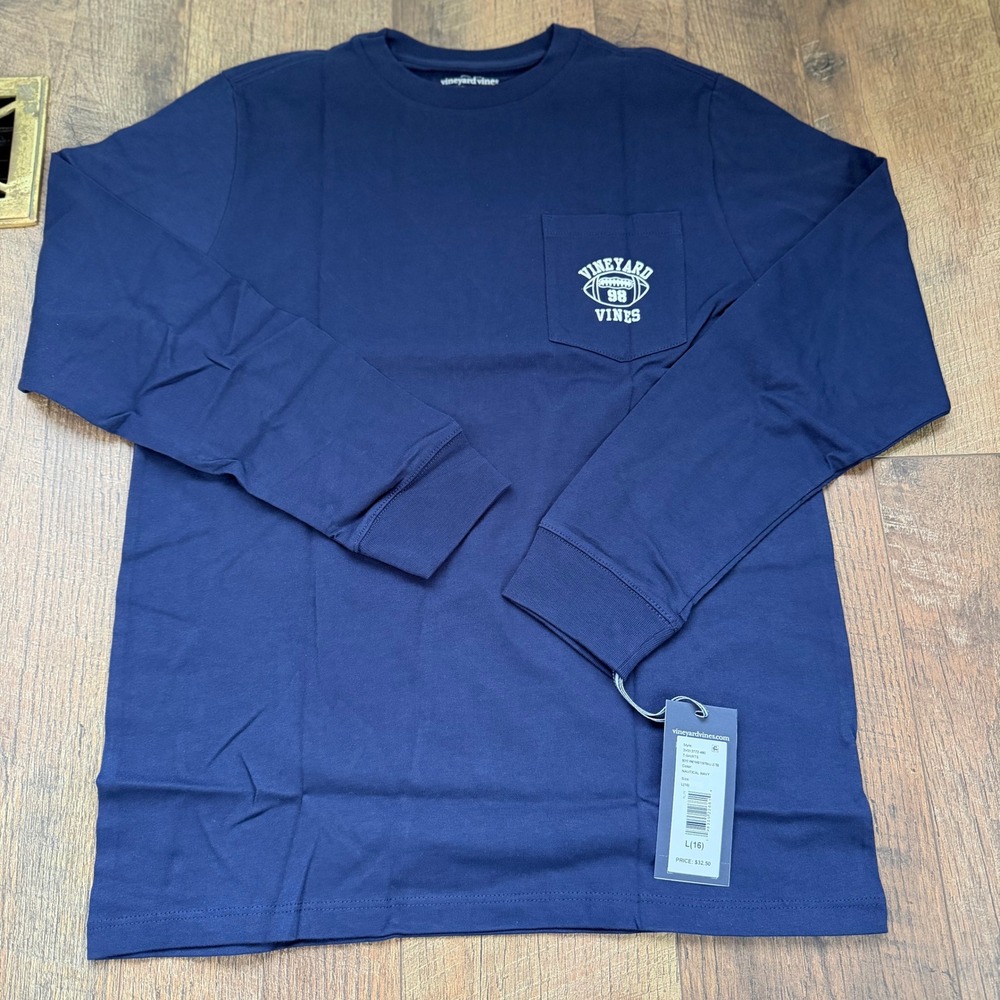 Vineyard Vines Boys Football Long Sleeve Pocket Tee Navy NWT Size L 16